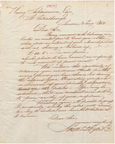 Letter sent by Siordet, Meyer & Co. to Schliemann, Heinrich, 1854