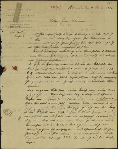 Letter sent by Dietz, E. to Schliemann, Heinrich, 1880