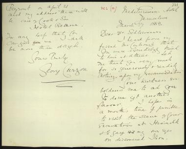 Letter sent by Curzon, George to Schliemann, Heinrich, 1883