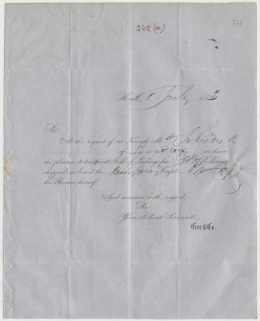 Letter sent by Gee & Co. to Schliemann, Heinrich, 1853