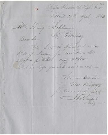 Letter sent by Pearson, Coleman & Co. to Schliemann, Heinrich, 1856
