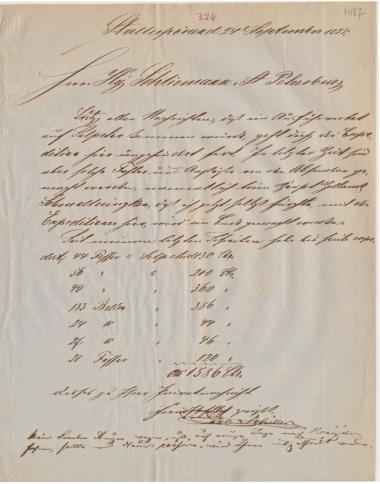 Letter sent by Schiller, Carl to Schliemann, Heinrich, 1855
