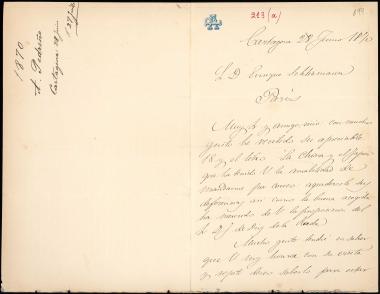 Letter sent by Pedreno, Andre to Schliemann, Heinrich, 1870