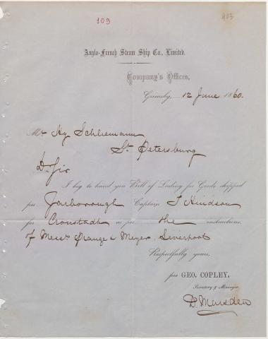 Letter sent by Anglo-French Steam Ship Co., Ltd. to Schliemann, Heinrich, 1860