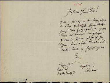Letter sent by Curtius, Ernst W. to Schliemann, Heinrich, 1875