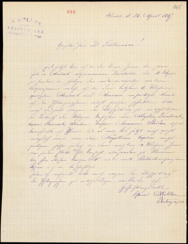 Letter sent by Möller, Henri to Schliemann, Heinrich, 1887