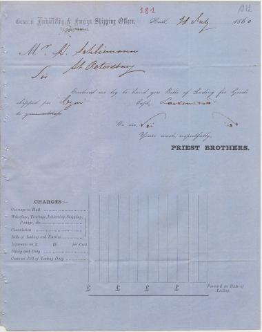 Letter sent by Priest Bros. to Schliemann, Heinrich, 1860