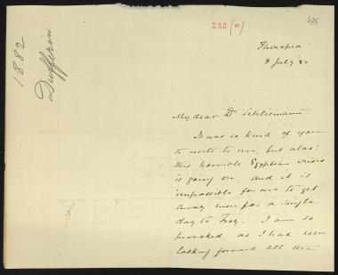 Letter sent by Dufferin, ? to Schliemann, Heinrich, 1882