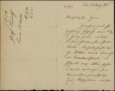 Letter sent by Ludolf, ? to Schliemann, Heinrich, 1874