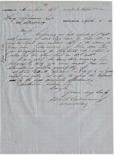 Letter sent by Leidemann, A. & Co. to Schliemann, Heinrich, 1862