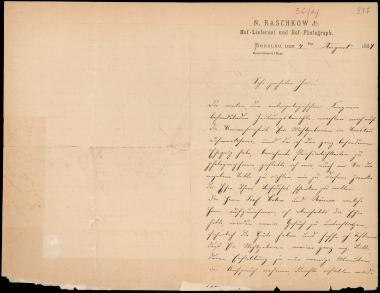 Letter sent by Raschkow, N. Jr. to Schliemann, Heinrich, 1884