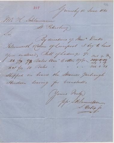 Letter sent by Samuelson, S. H. to Schliemann, Heinrich, 1860