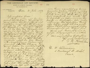Letter sent by Koehler, S. R. to Schliemann, Heinrich, 1879