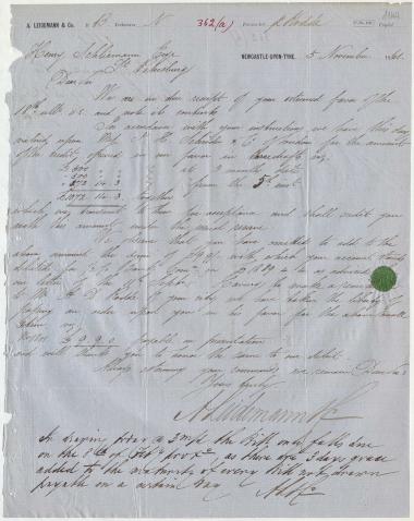 Letter sent by Leidemann, A. & Co. to Schliemann, Heinrich, 1861