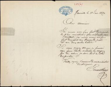 Letter sent by Roenig, Edouard to Schliemann, Heinrich, 1870