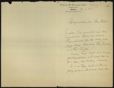 Letter sent by Cohn, Hermann to Schliemann, Heinrich, 1885