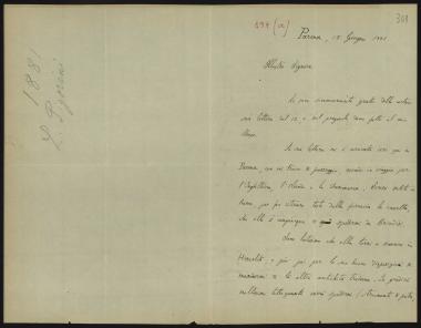 Letter sent by Pigorini, Luigi to Schliemann, Heinrich, 1881