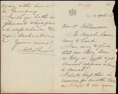 Letter sent by Grant, J. A. S. to Schliemann, Heinrich, 1888