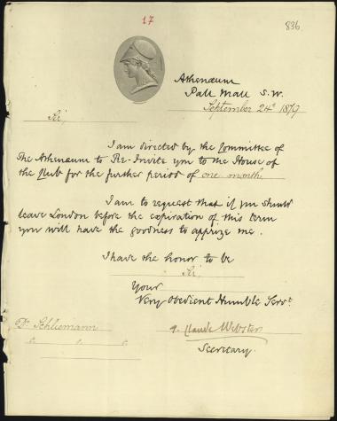 Letter sent by Athenaeum Club to Schliemann, Heinrich, 1878