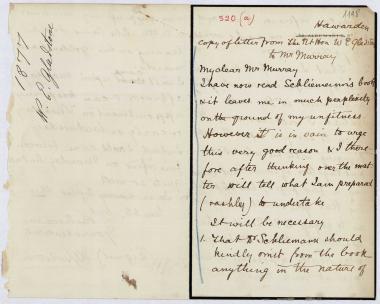 Letter sent by Gladstone, William Ewart  to Schliemann, Heinrich, 1877
