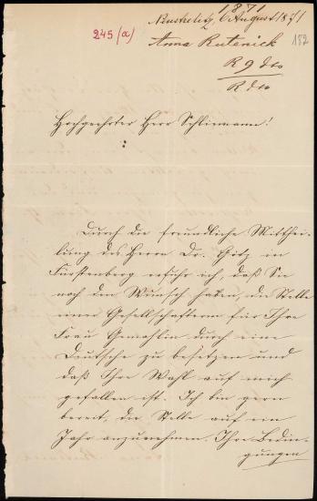 Letter sent by Rutenick, Anna to Schliemann, Heinrich, 1871