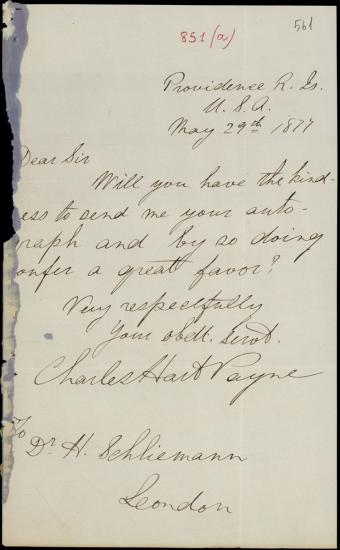 Letter sent by Payne, Charles H. to Schliemann, Heinrich, 1877