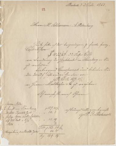 Letter sent by Behnck, P. J. to Schliemann, Heinrich, 1853