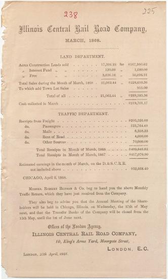 Letter sent by Illinois Central R. R. Company to Schliemann, Heinrich, 1868