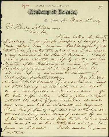 Letter sent by Hilder, F. F. to Schliemann, Heinrich, 1879