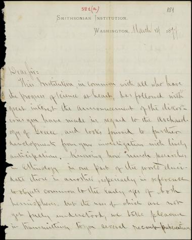 Letter sent by Henry, Joseph to Schliemann, Heinrich, 1877