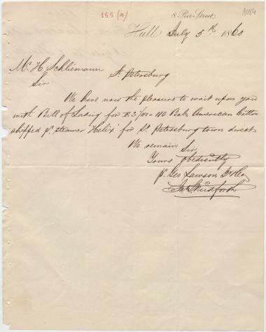 Letter sent by Lawson, G. Jr. & Co. to Schliemann, Heinrich, 1860