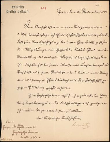 Letter sent by Kaiserlich Deutsche Botschaft to Schliemann, Heinrich, 1889
