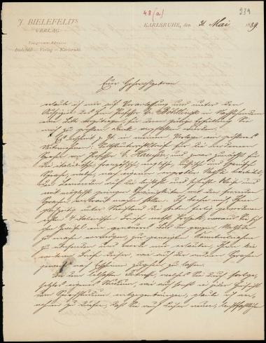 Letter sent by Bielefeld, J. to Schliemann, Heinrich, 1889