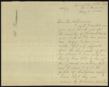 Letter sent by Remann, Mary J. to Schliemann, Heinrich, 1882
