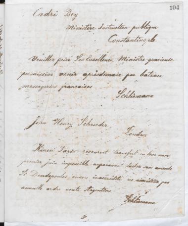 Copy of letter by Schliemann, Heinrich to ?, Cadri, 1876