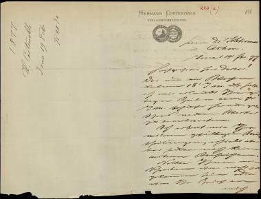 Letter sent by Costenoble, Hermann to Schliemann, Heinrich, 1877