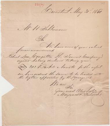Letter sent by Maynard & Fishwicks to Schliemann, Heinrich, 1860