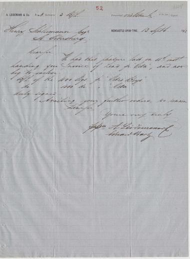 Letter sent by Leidemann, A. & Co. to Schliemann, Heinrich, 1862