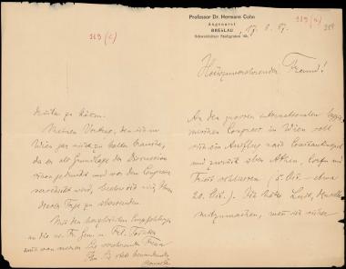 Letter sent by Cohn, Hermann to Schliemann, Heinrich, 1887