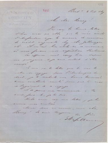 Letter sent by Schliemann, Ernst Wilhelm to Schliemann, Heinrich, 1867