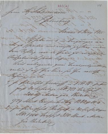 Letter sent by Adelson, Jacob to Schliemann, Heinrich, 1855