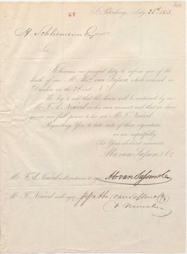 Letter sent by Sassen, A. & Co. to Schliemann, Heinrich, 1858
