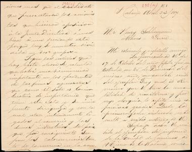 Letter sent by Ealo, Juan to Schliemann, Heinrich, 1887