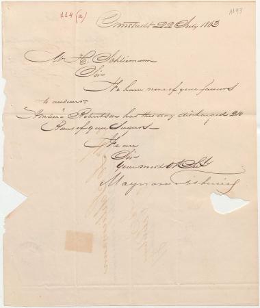Letter sent by Maynard & Fishwicks to Schliemann, Heinrich, 1863