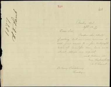 Letter sent by Lamb, H. F. to Schliemann, Heinrich, 1877