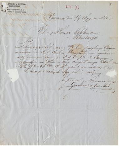 Letter sent by Giwartowski & Rosenthal to Schliemann, Heinrich, 1855