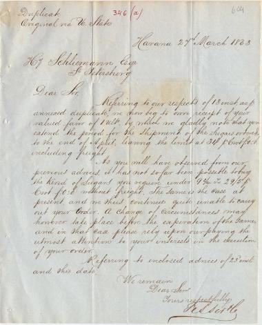 Letter sent by Fesser, F. & Co. to Schliemann, Heinrich, 1863