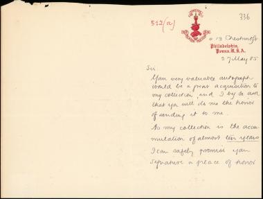 Letter sent by Mercer Hall, Charles to Schliemann, Heinrich, 1885