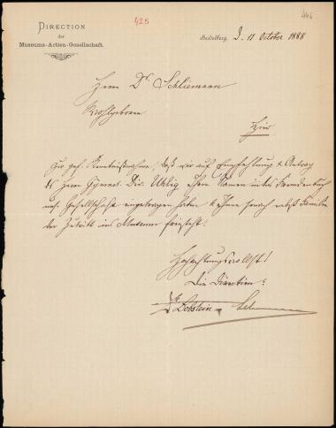 Letter sent by Direktion der Museums-Actien-Gesellschaft to Schliemann, Heinrich, 1888