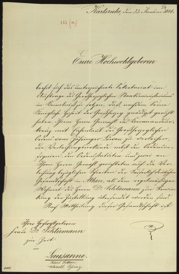 Letter sent by ?, Nicolai to Schliemann, Heinrich, 1886